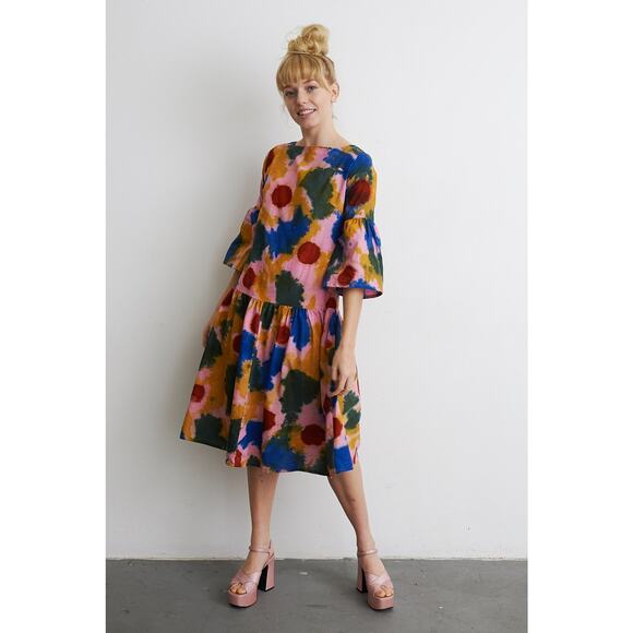 XL Osei-Duro Mutare Dress Elaine Batik Ghana DropWaist Bell Knee Multicolor - Picture 2 of 12